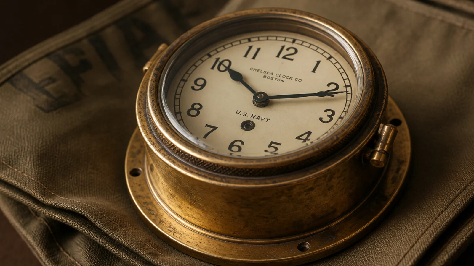 heavy brass bulkhead clock with a thick glass lens and knurled bezel