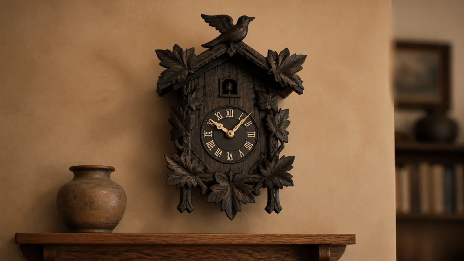 carved timber cuckoo case converted to run on a quartz movement