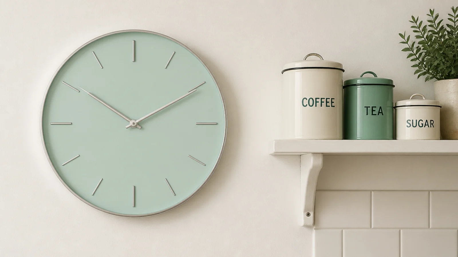 pale laminate faced clock with slim chrome hands from the sixties