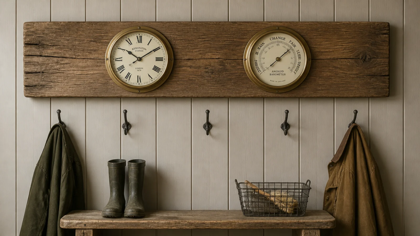 oak plank carrying a round clock and a matching barometer dial