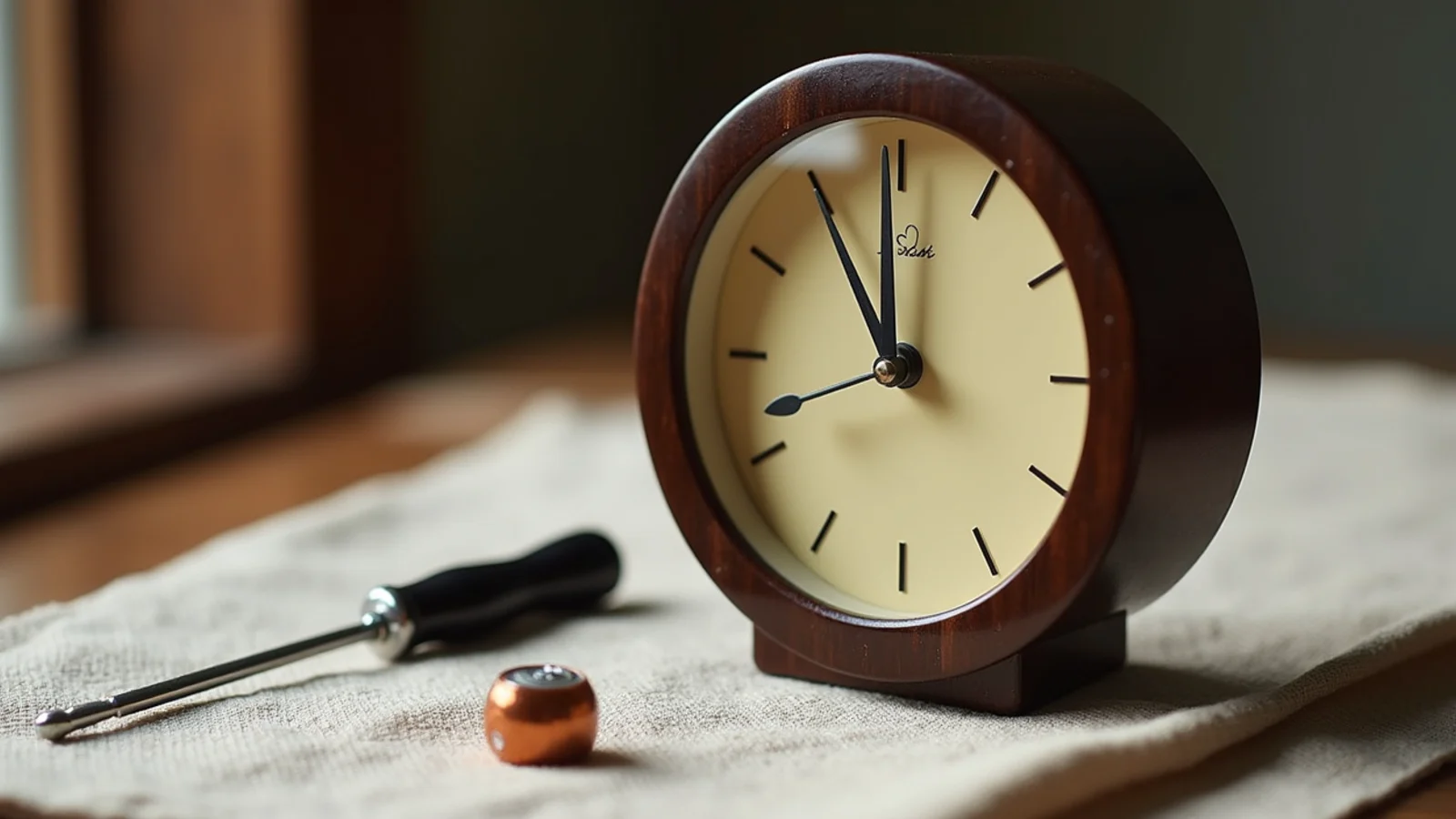 dark bakelite ringed clock with a cream dial and thin hands