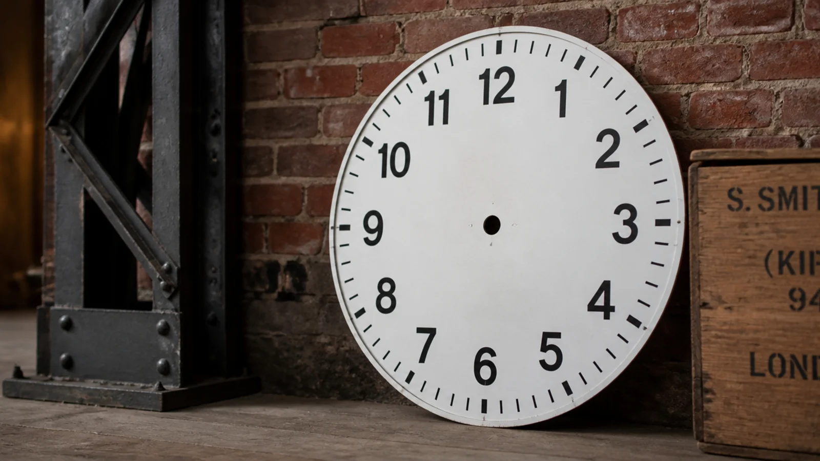 large factory clock dial with heavy numerals leaning against brick