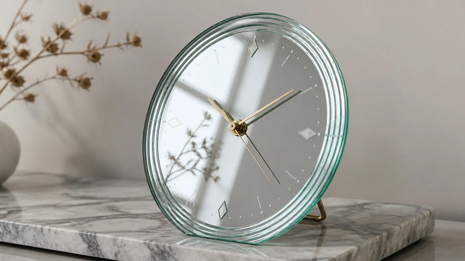 mirrored deco clock with etched markers and a stepped edge