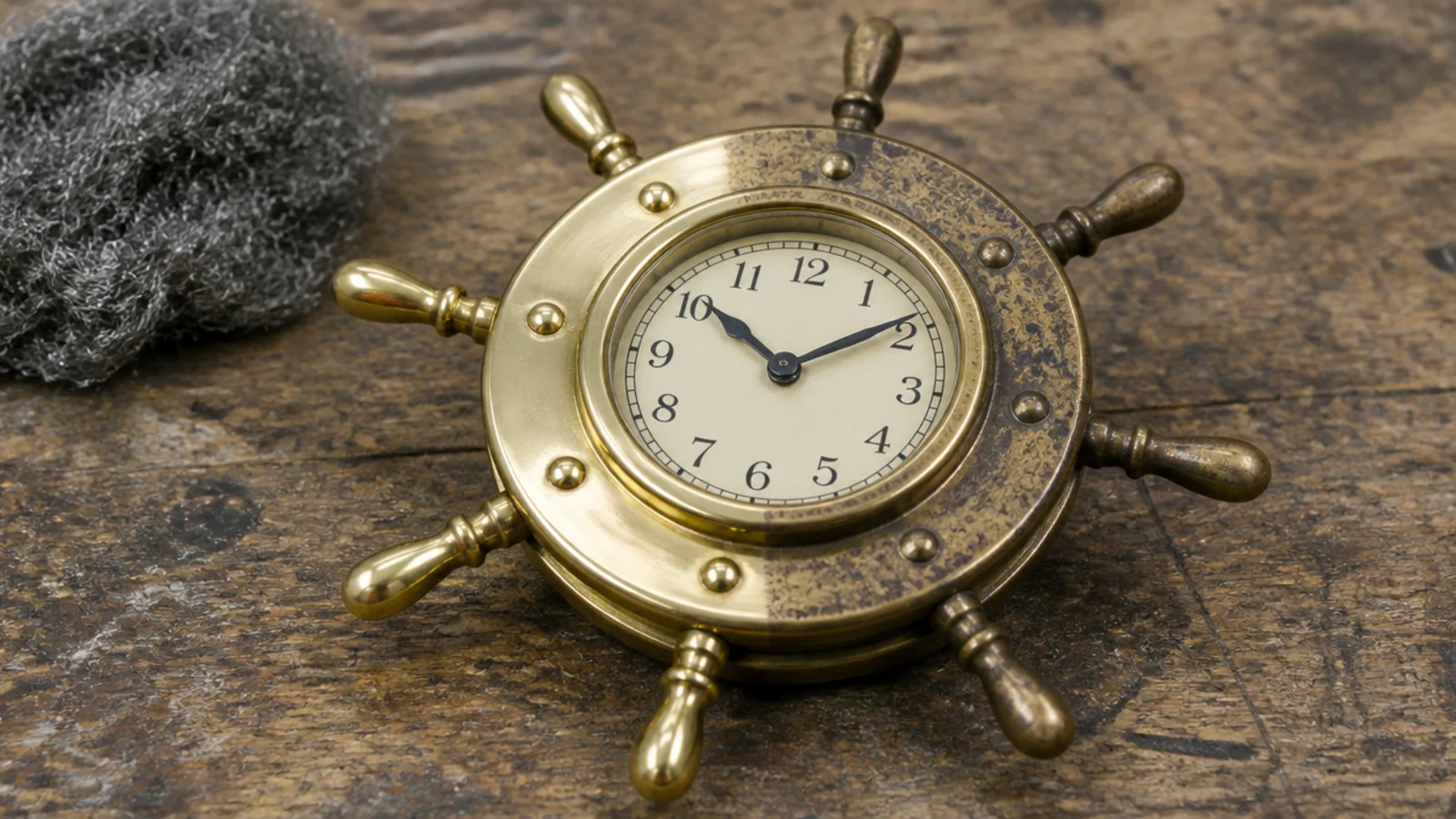brass ship wheel rimmed clock with turned spokes and small dial