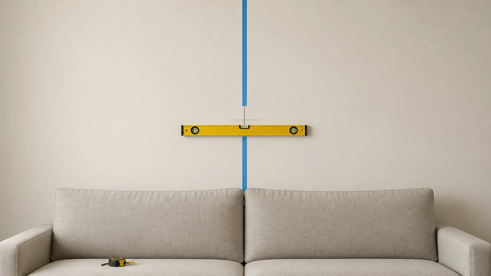 pencil mark and spirit level on bare plaster above a sofa