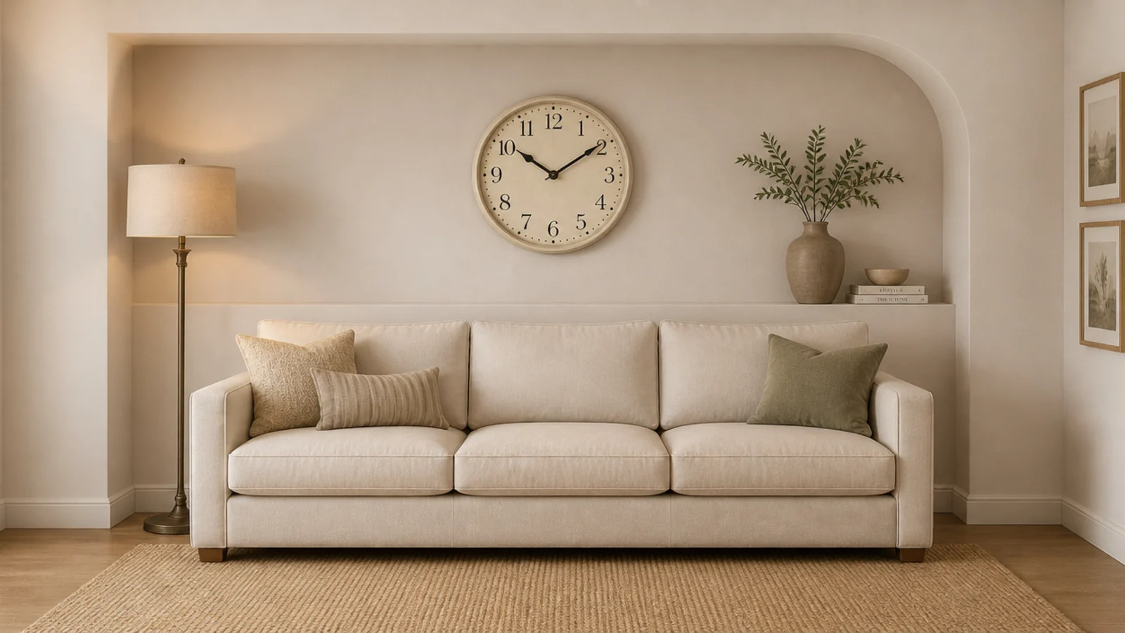 round clock aligned exactly with the middle of a linen sofa