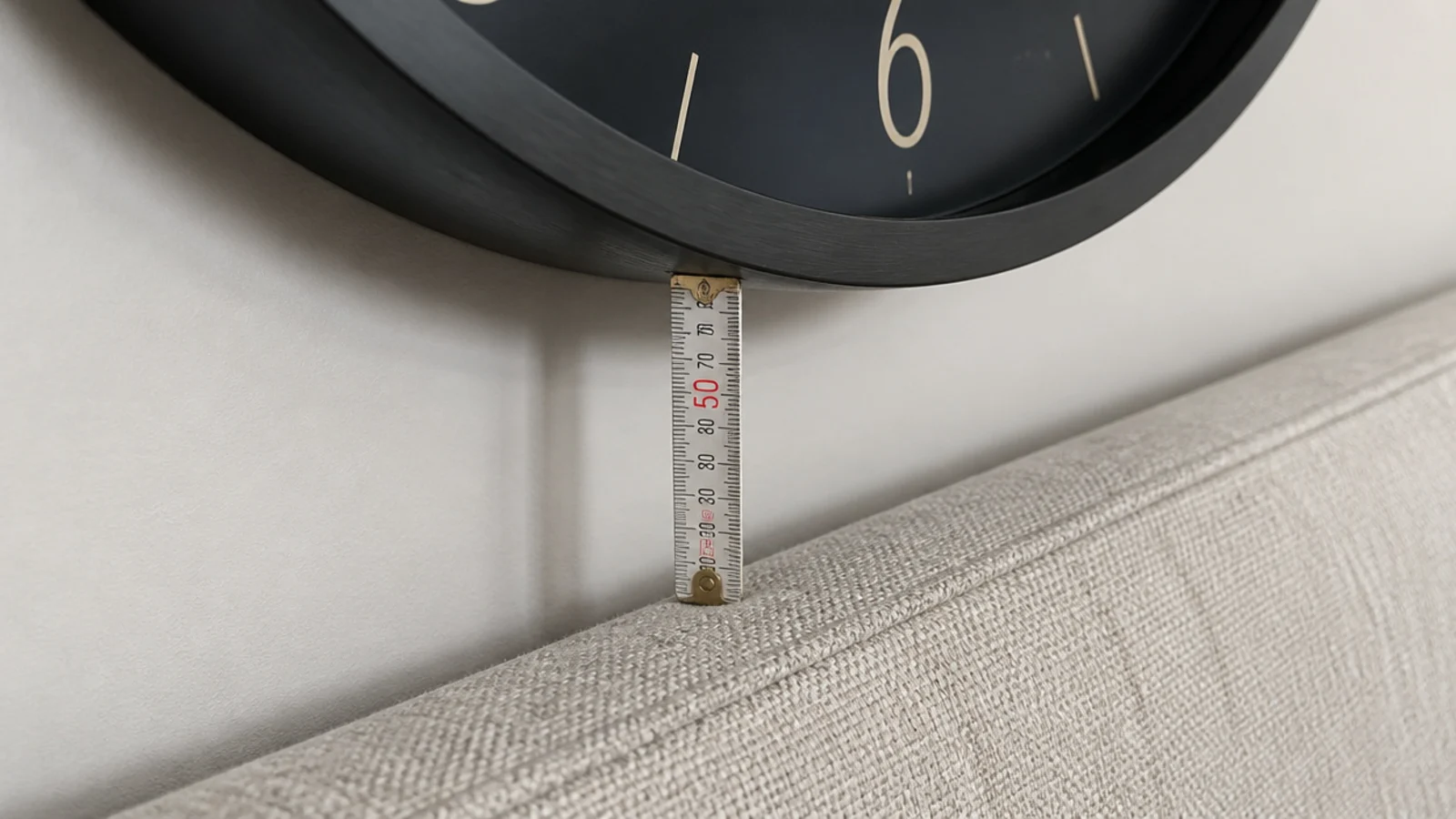 clear plaster gap measured between sofa cushions and clock rim