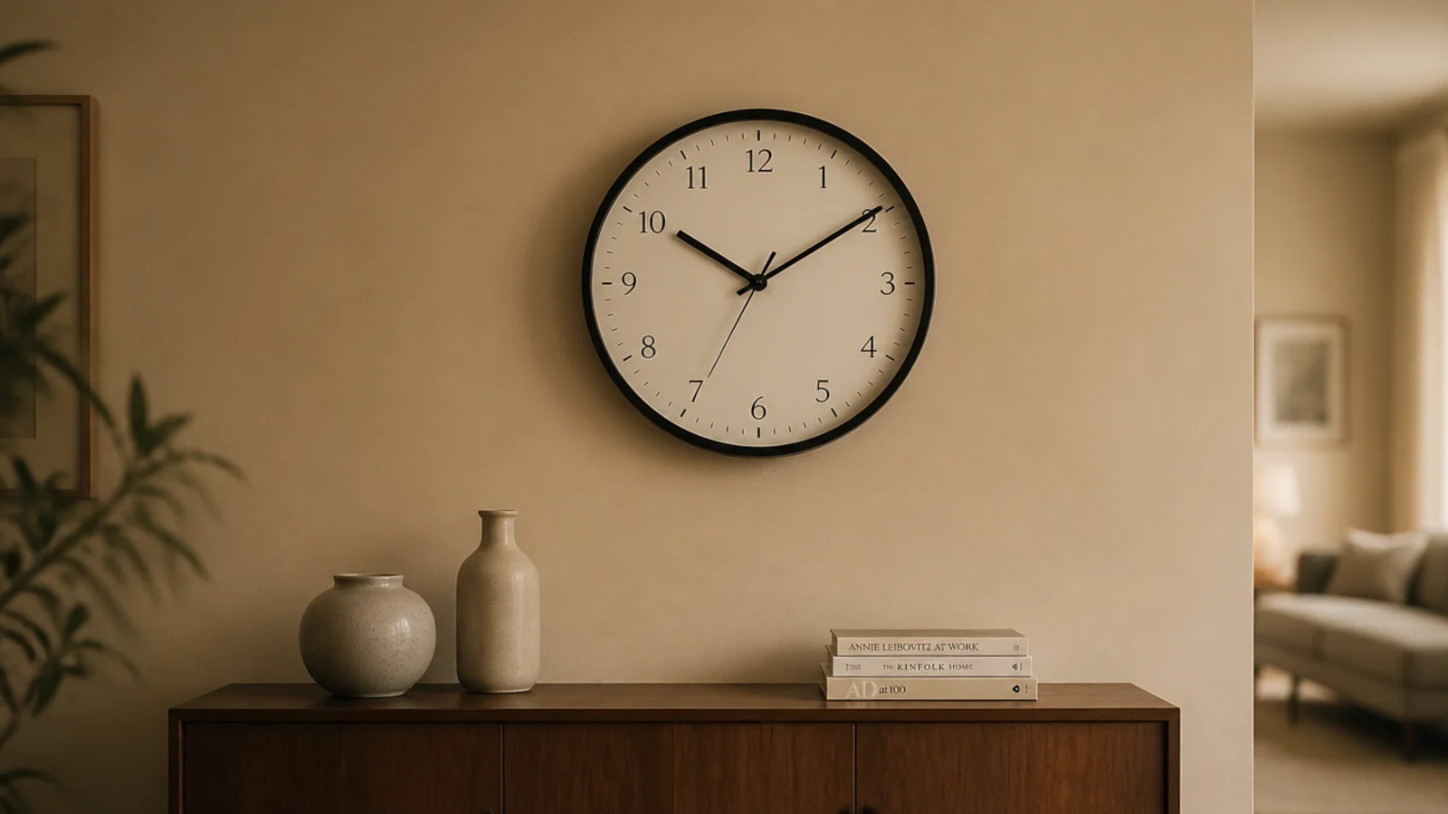 single large clock holding a broad living room wall alone