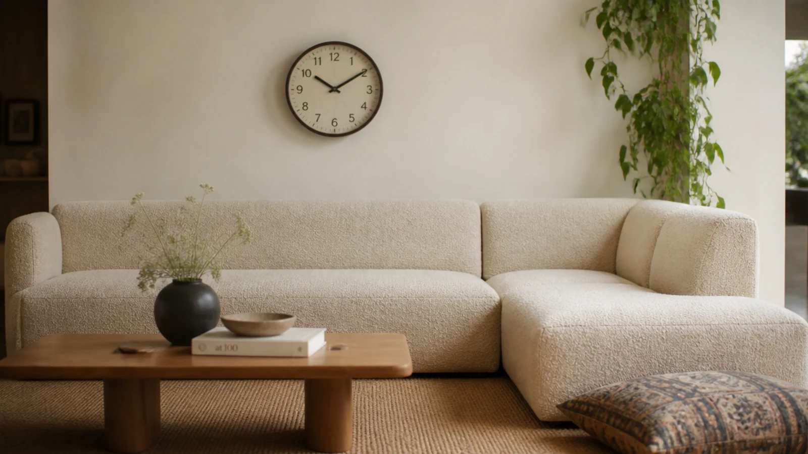 clock hung off centre above the long return of a sectional