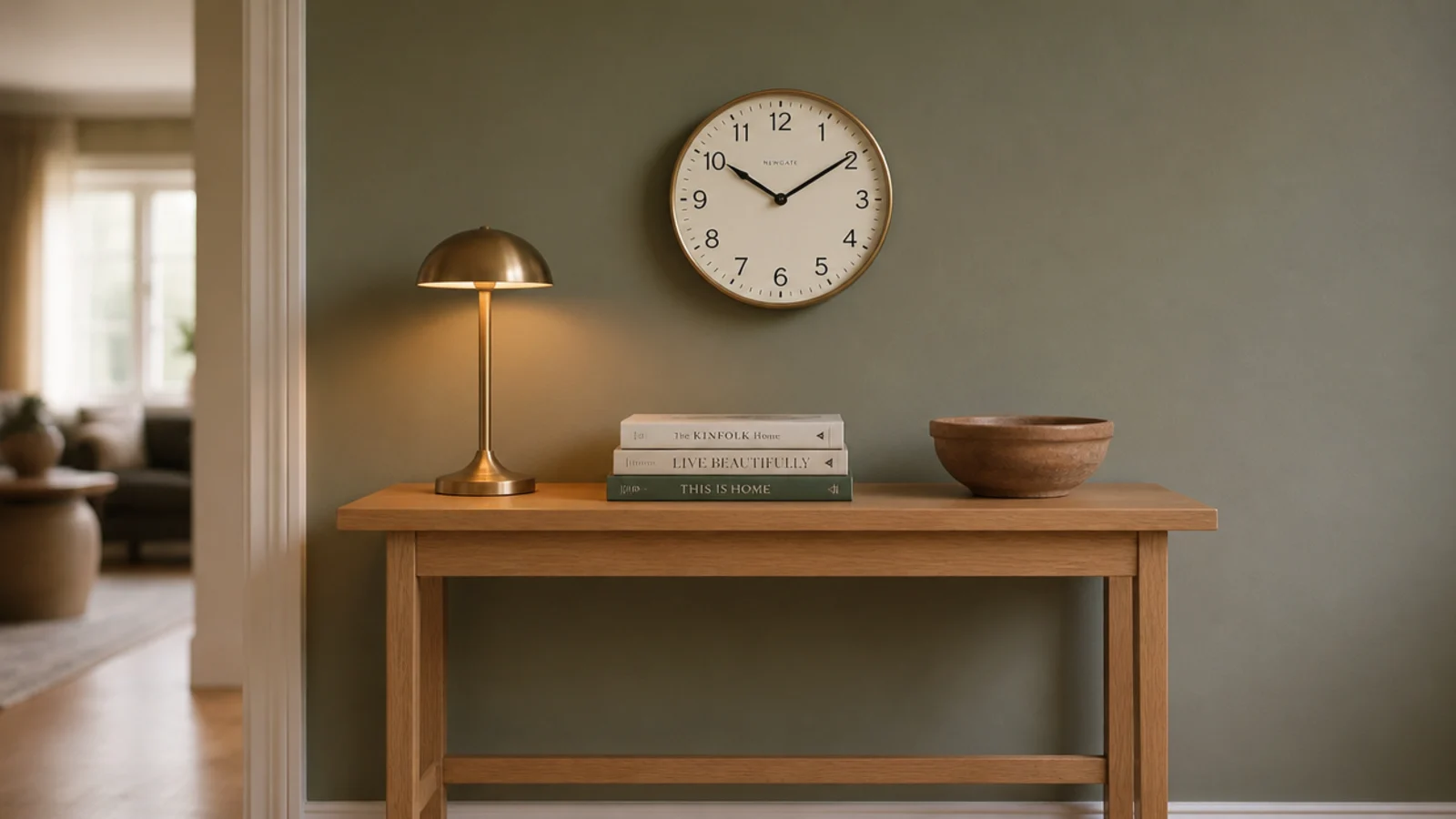 clock hung low above a slim console holding lamp and books