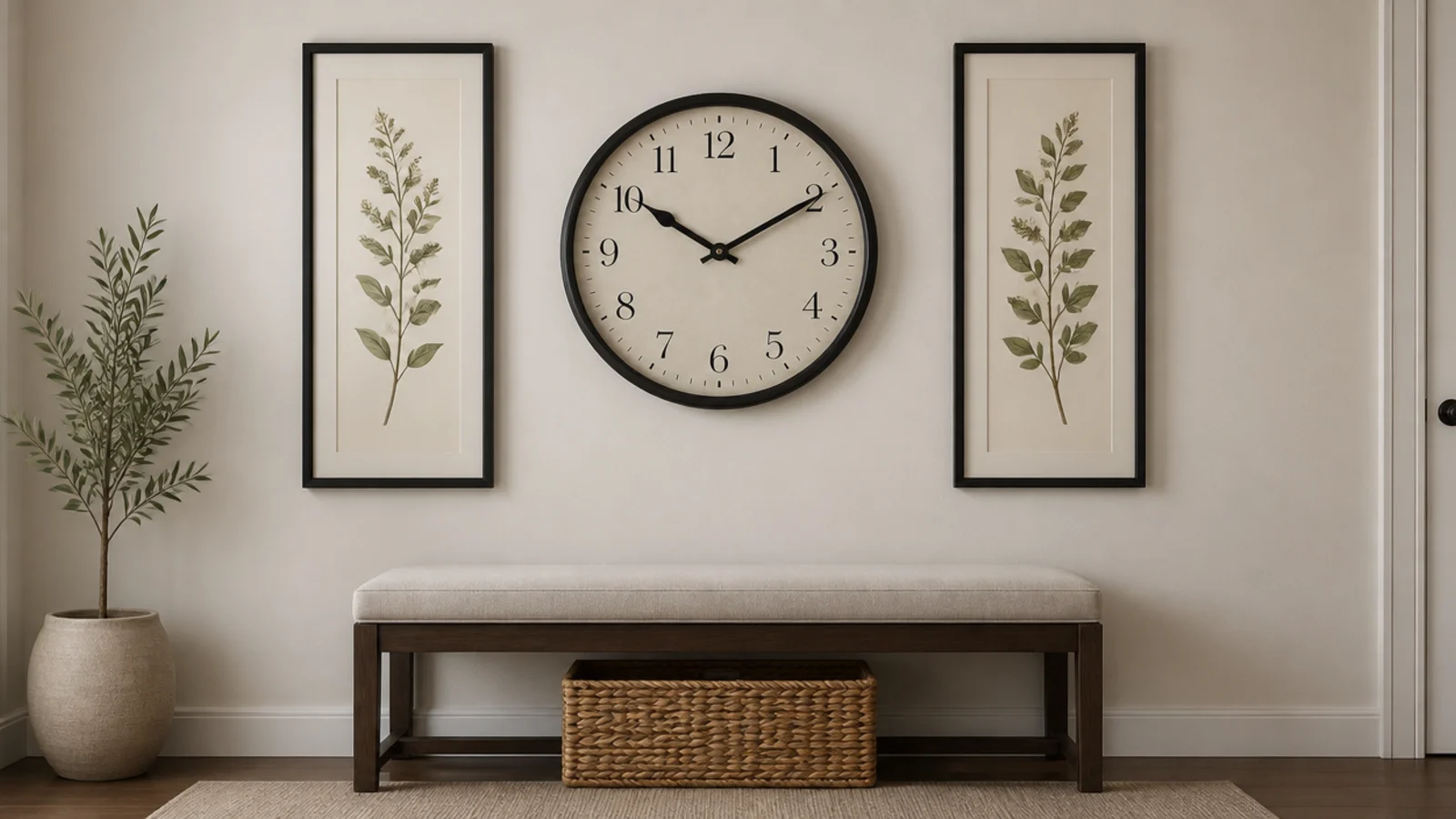 clock between two tall slim frames on a plaster wall