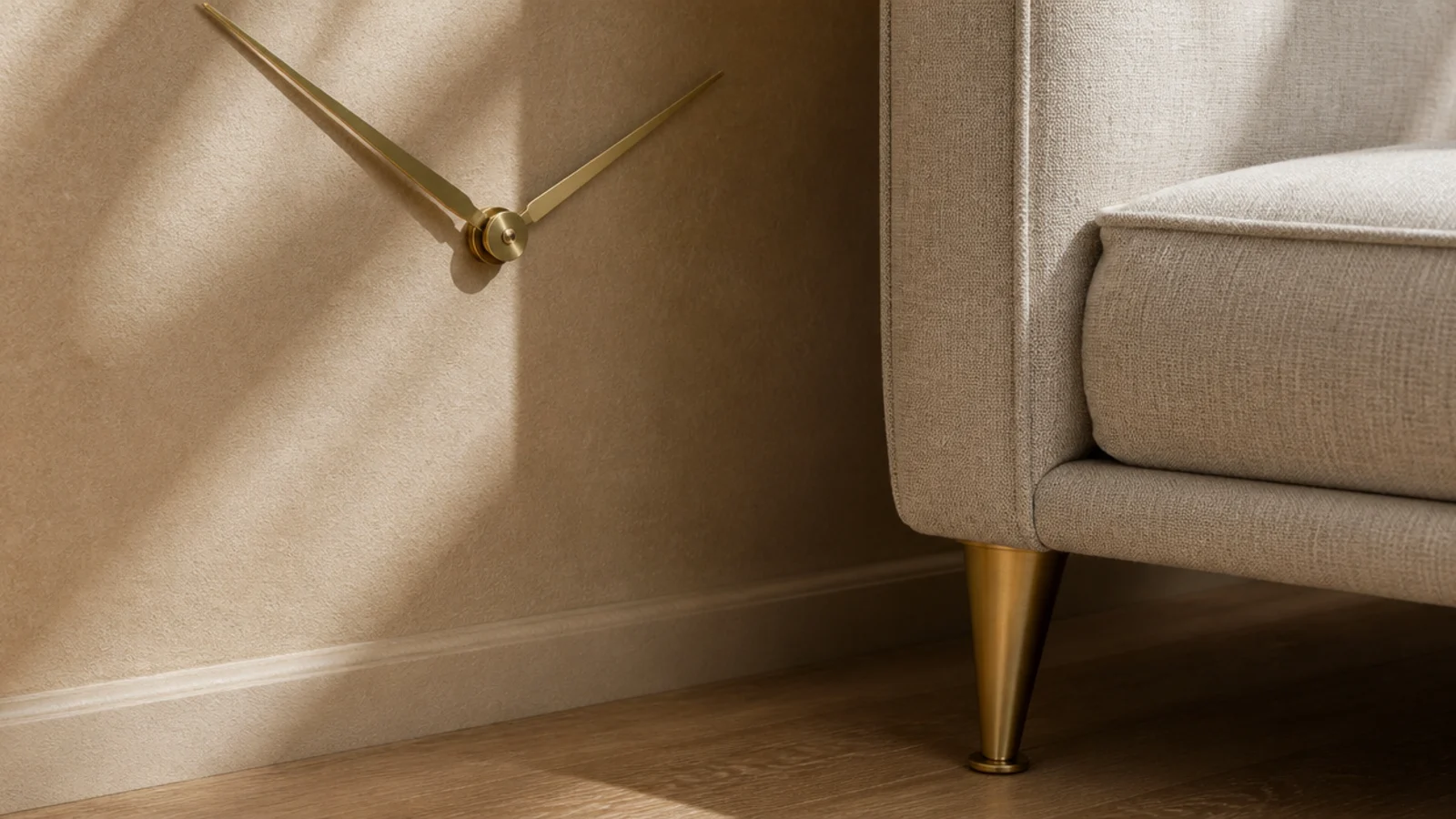 brass clock hands echoing the brass legs of a nearby sofa
