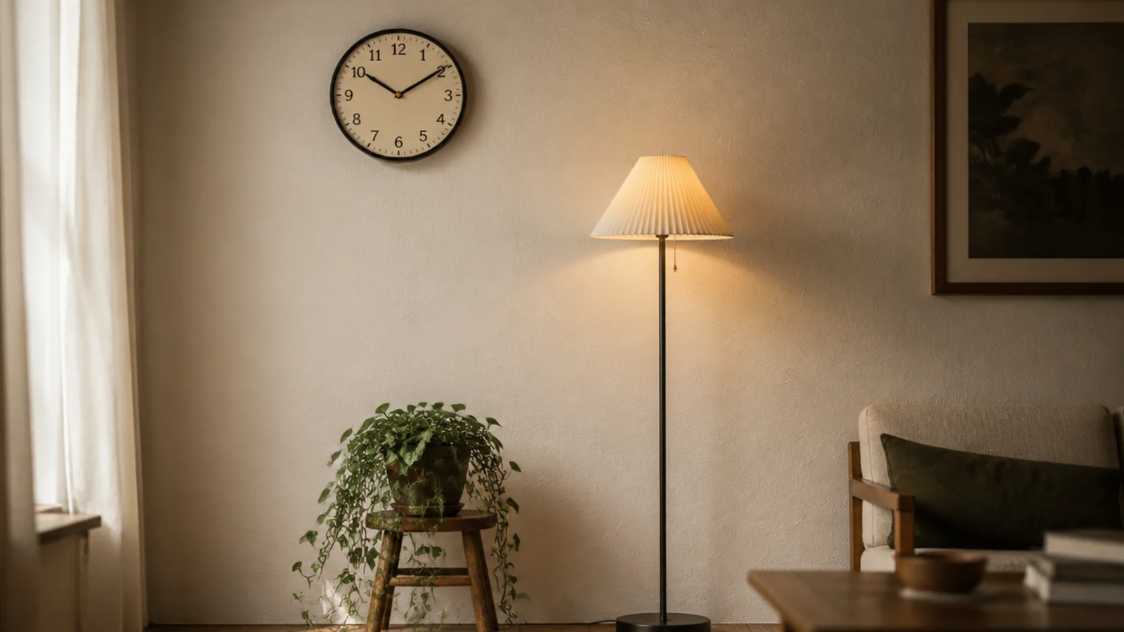 clock lamp and plant forming a triangle in a living corner