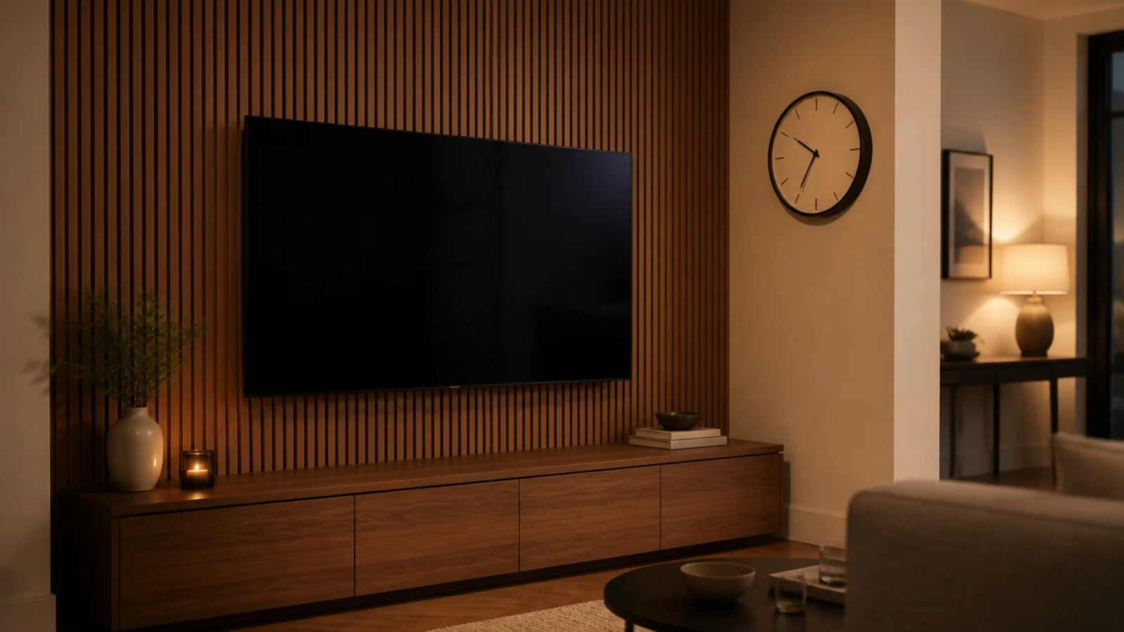clock on the wall beside a mounted television and media unit