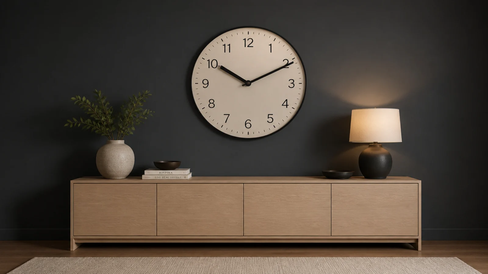 cream faced clock glowing against a deep charcoal living room wall