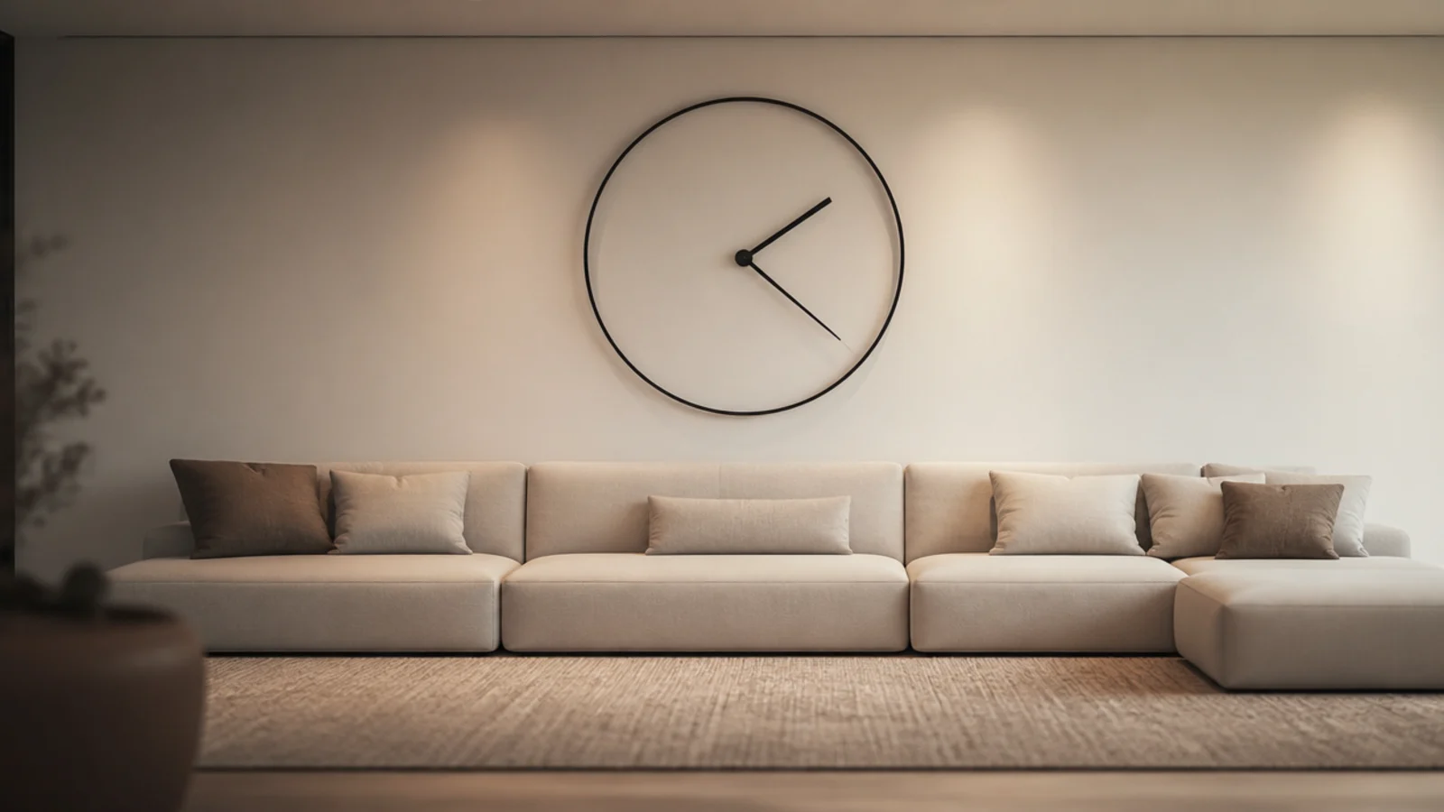 very large clock filling a long uninterrupted living room wall