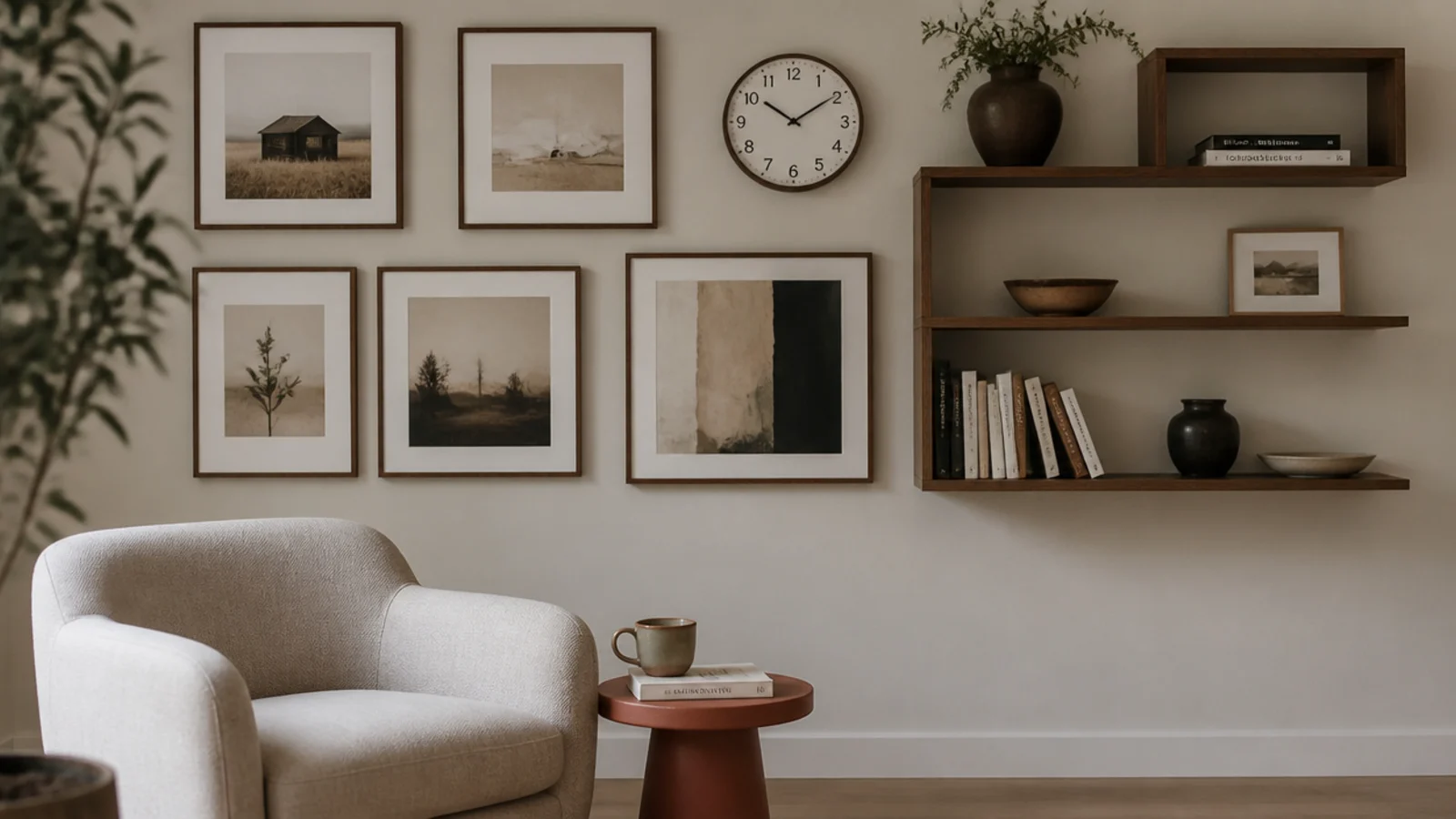 circular clock softening a wall of square frames and shelves