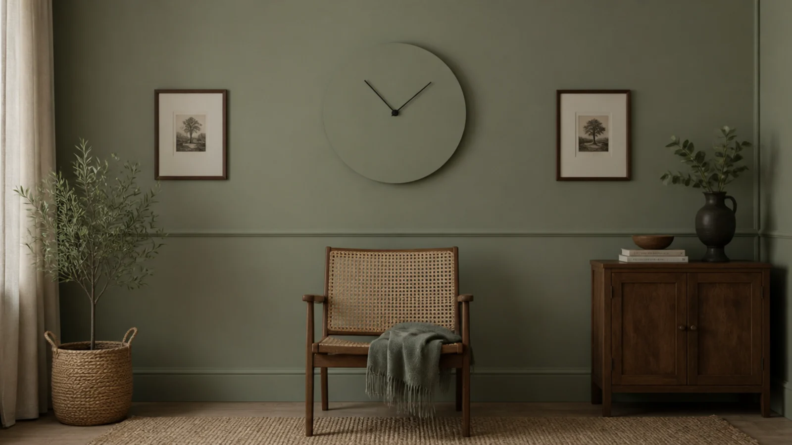 clock case painted to match a soft sage living room wall