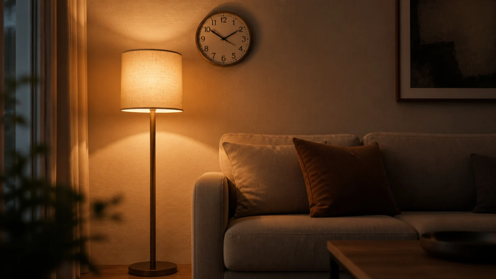 clock rim clearing the top of a tall floor lamp shade