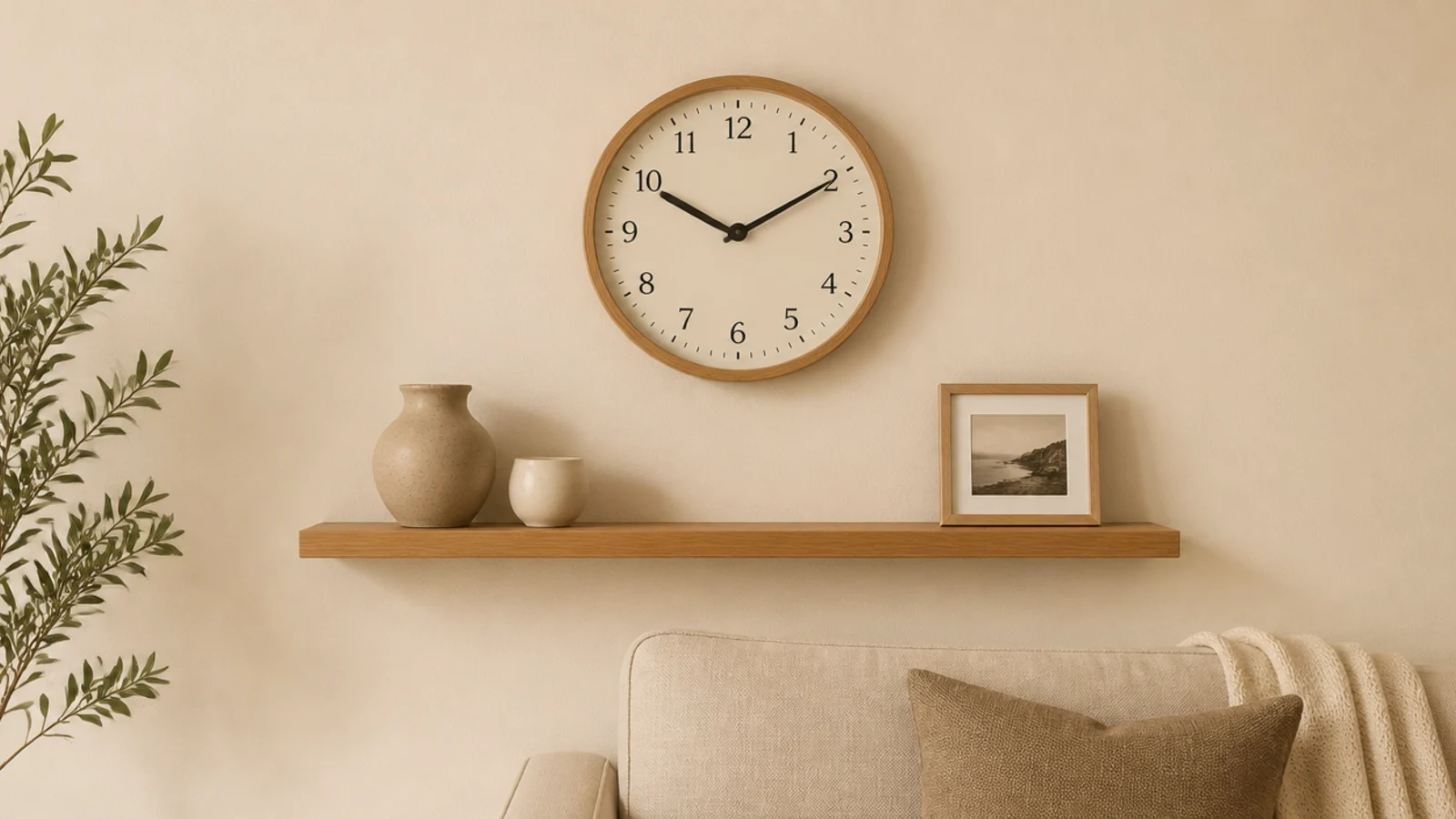 floating oak shelf mounted below a round living room clock