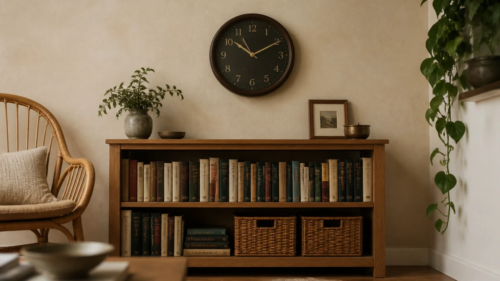 clock on the wall above a waist height oak bookcase