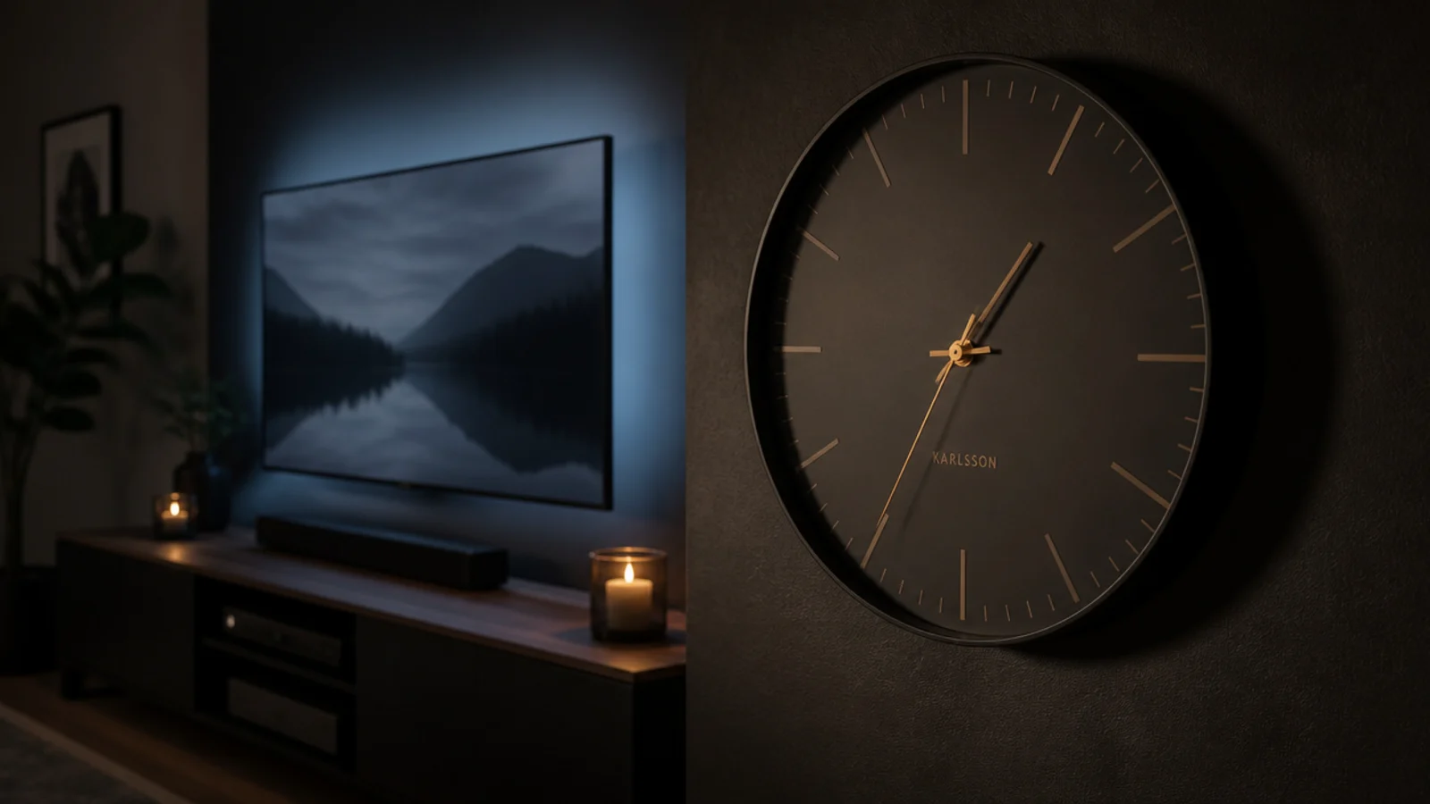 silent sweep clock above a media unit in a quiet lounge