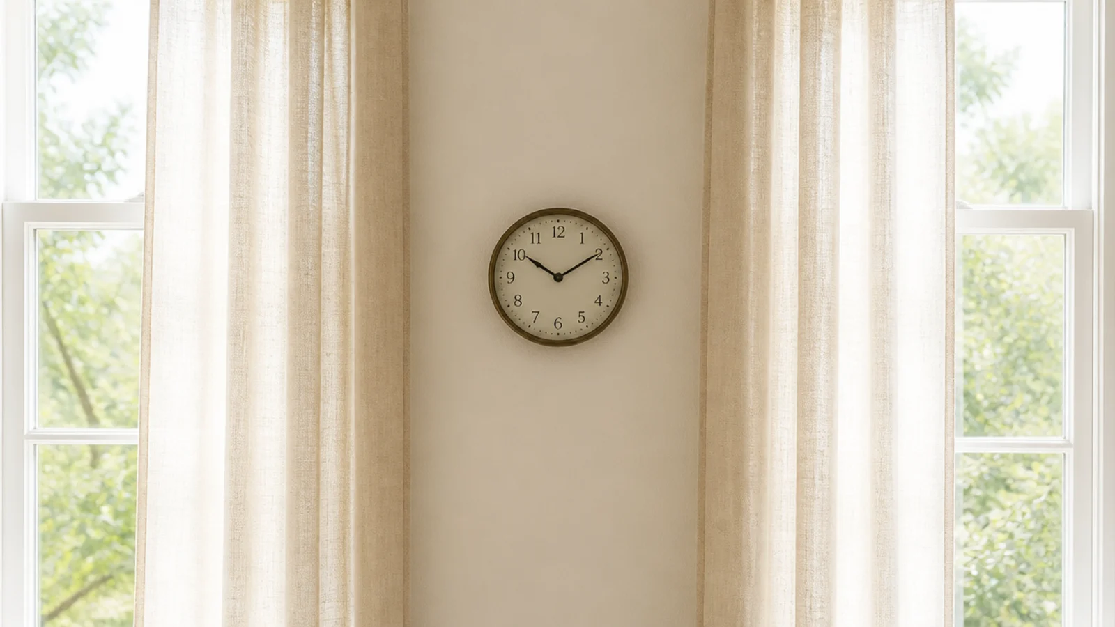narrow clock centred on the plaster pier between two windows