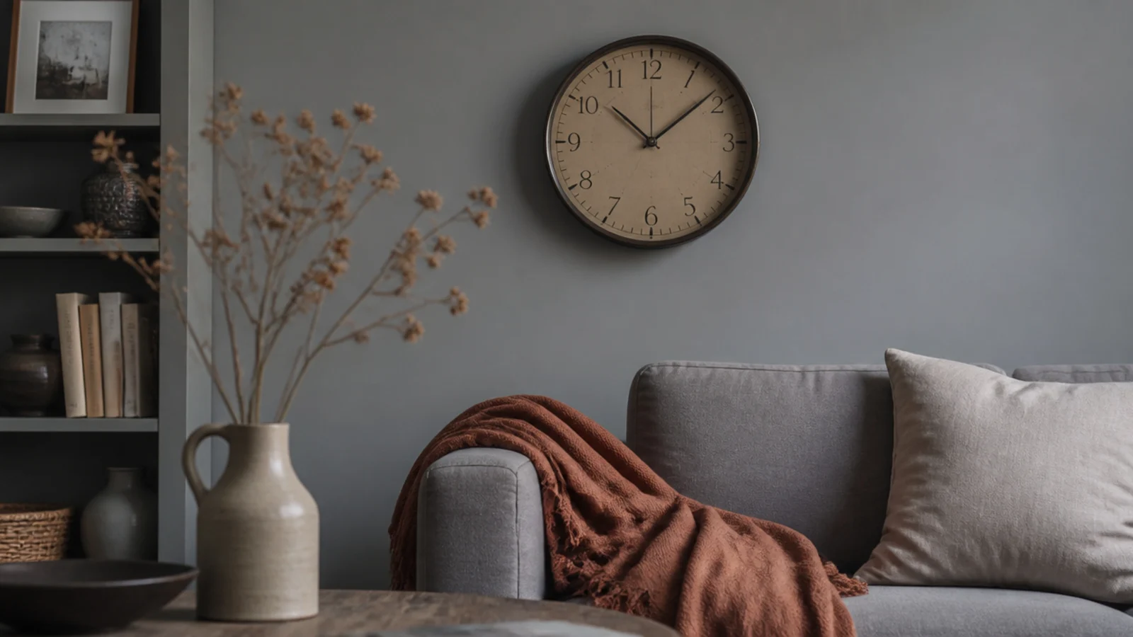 warm sand dial clock softening a cool grey living room wall