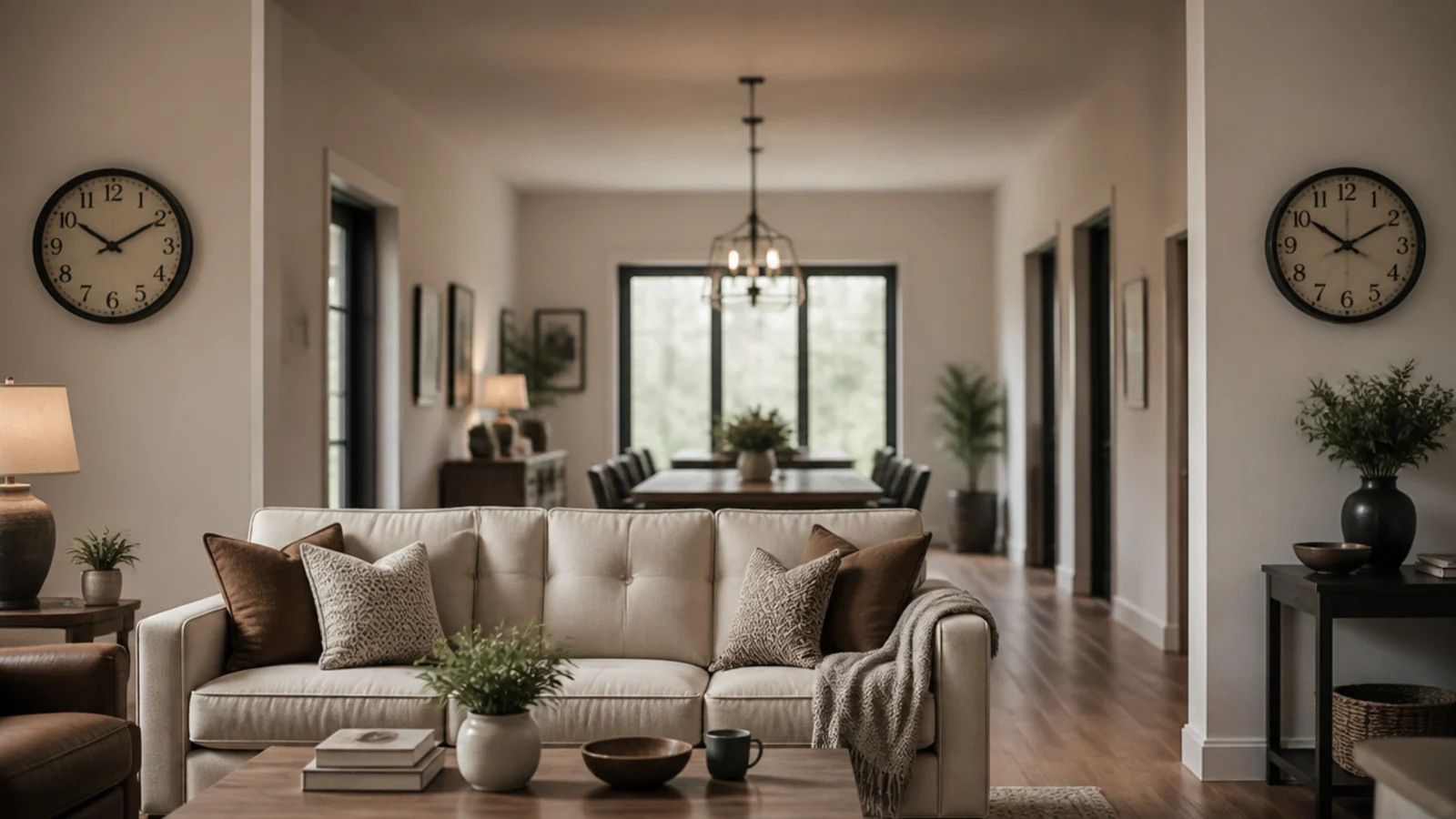 pair of identical clocks across a long open plan living space