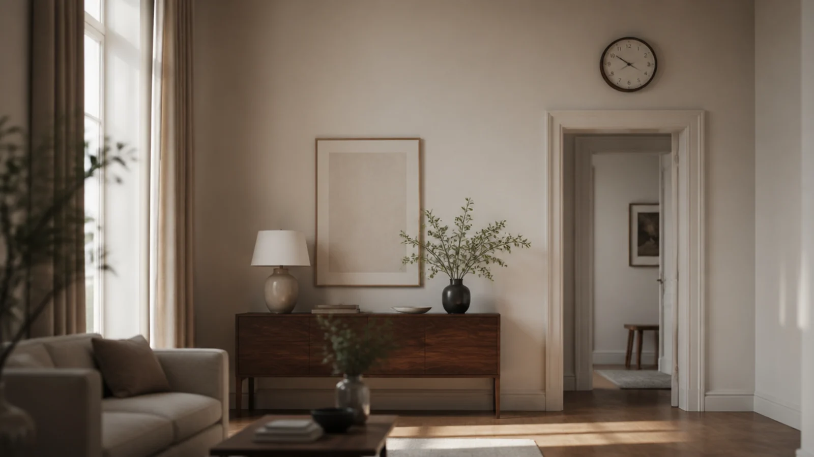 clock hung above the door head height in a high ceilinged room