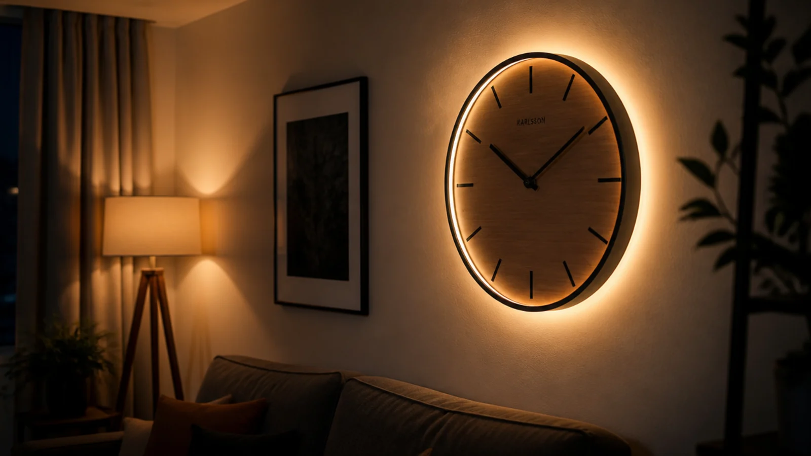 clock rim lit from behind casting a glow on the plaster