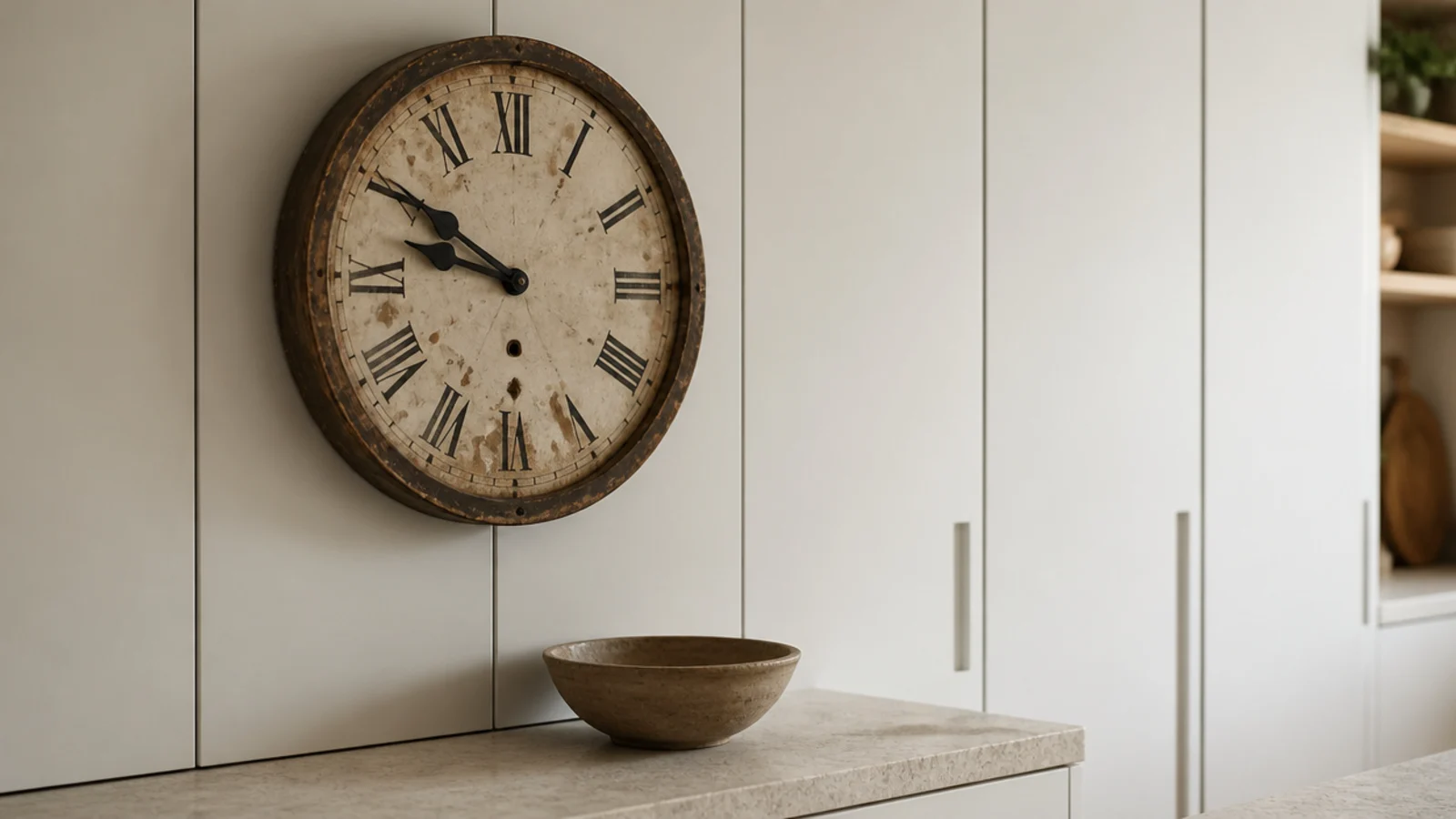 aged timber clock hung against flat modern painted cabinetry