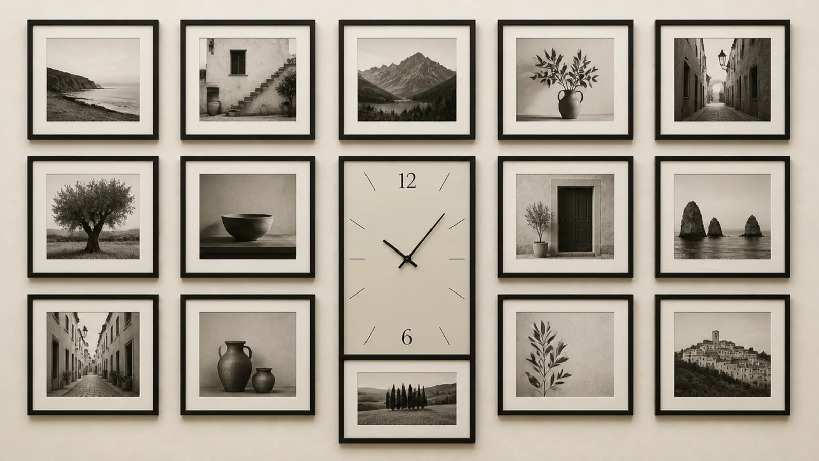 clock sized to match two frame heights in a gallery grid