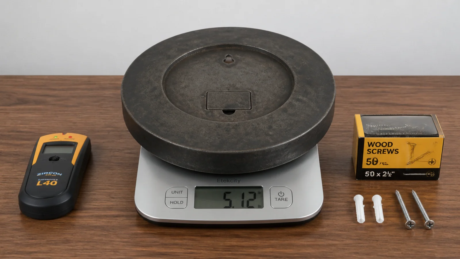 kitchen scale under a heavy metal clock before hanging it