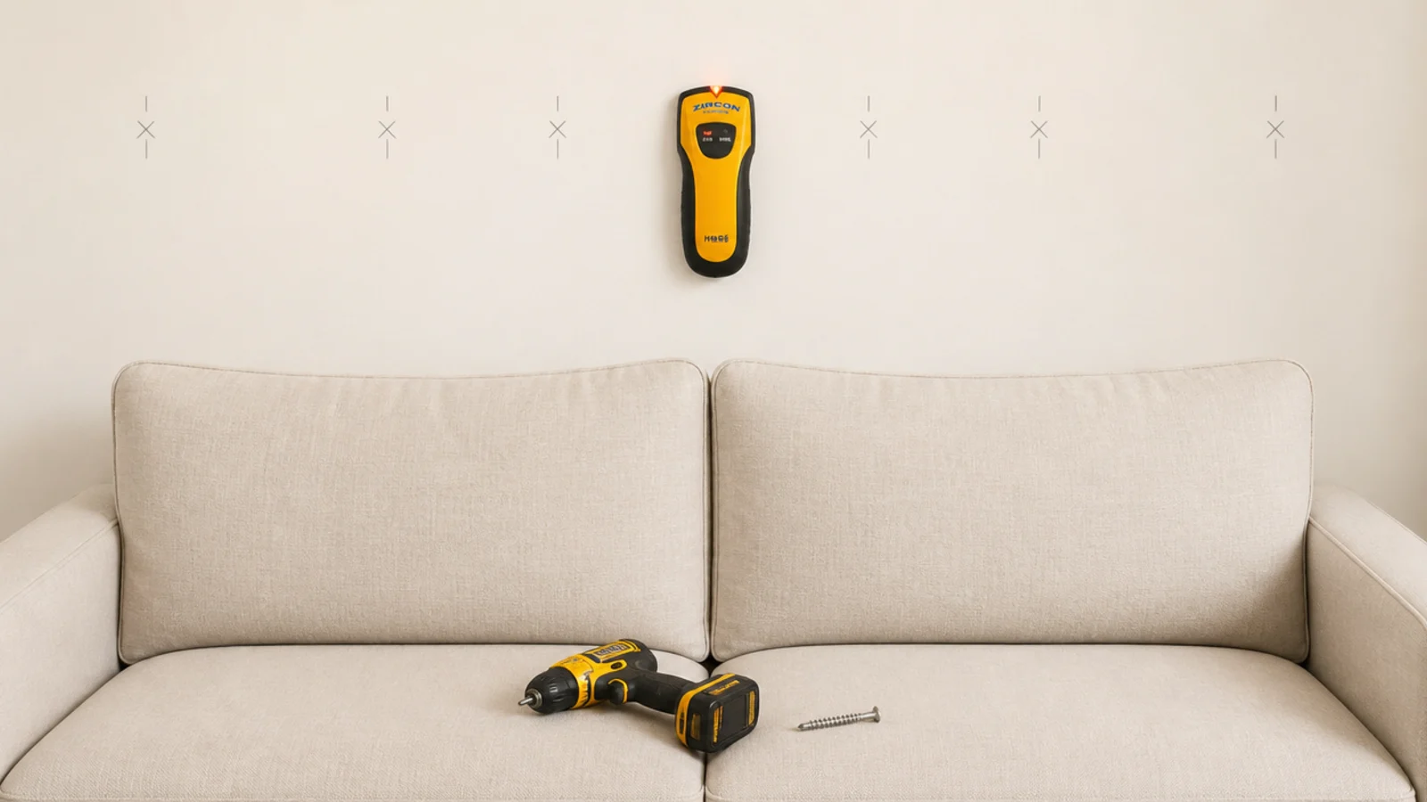 stud finder held against plaster above a sofa before drilling
