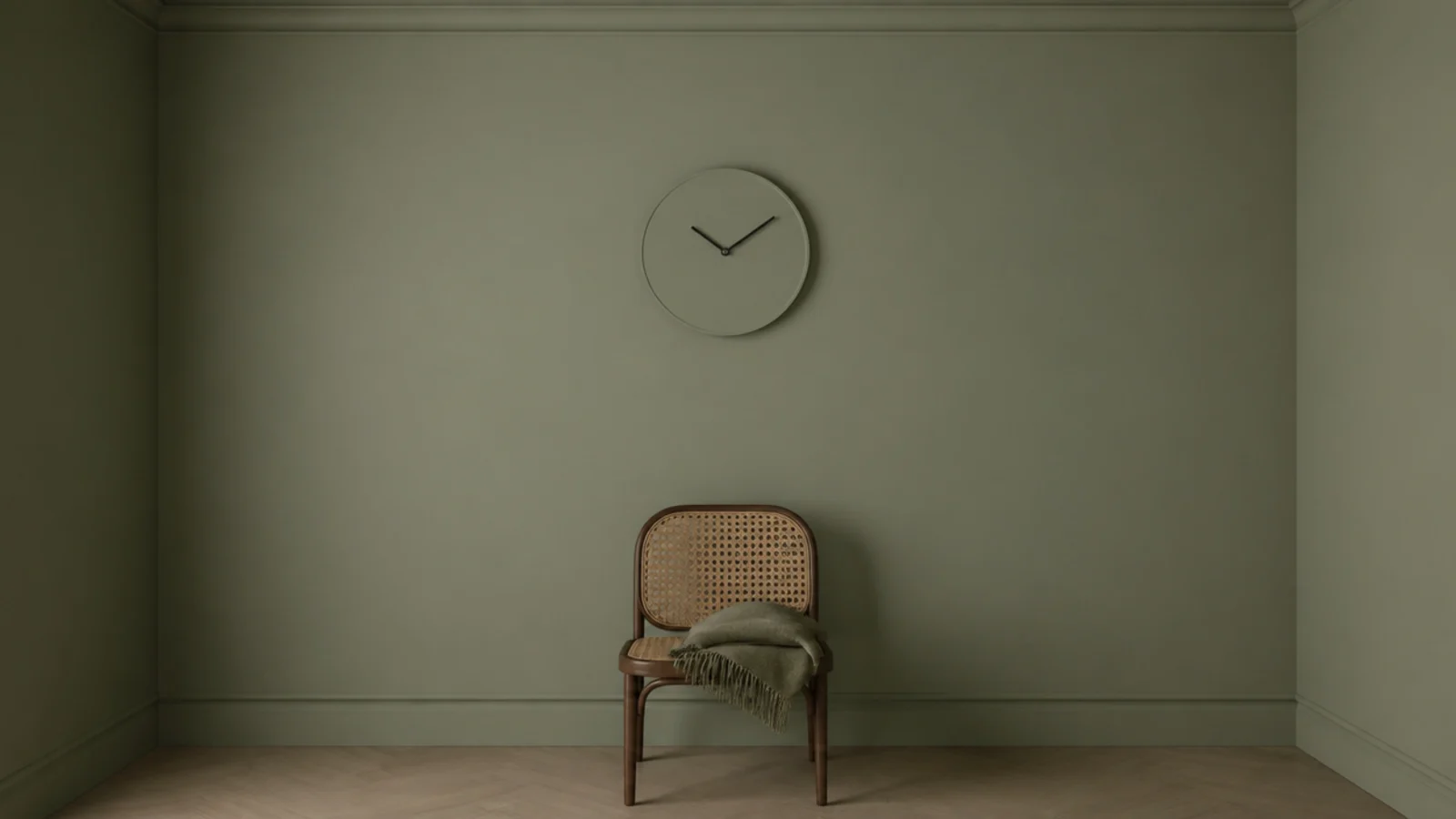 clock case painted to match a soft sage wall in a box room