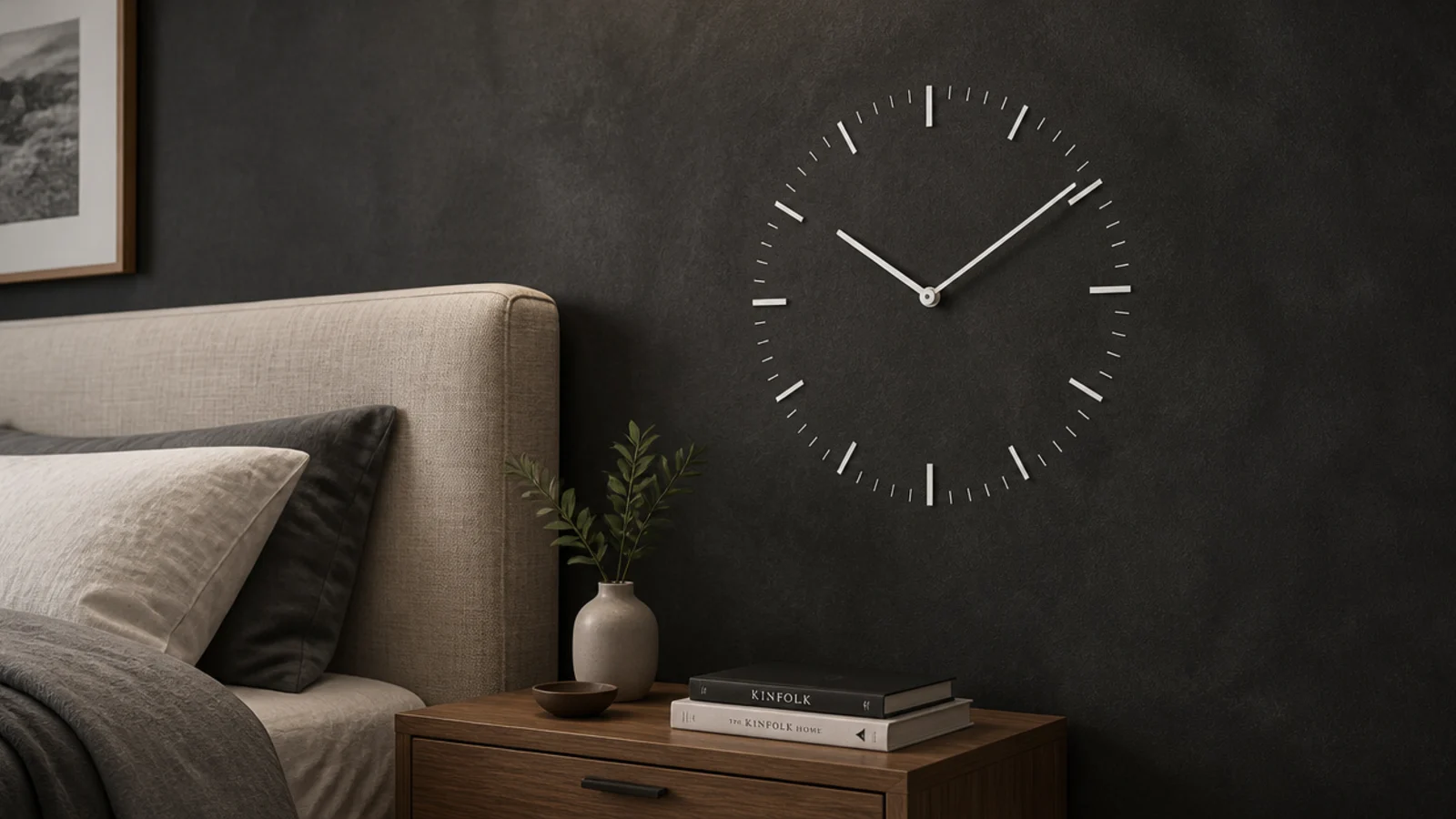 marker only clock face on a quiet wall in a compact bedroom