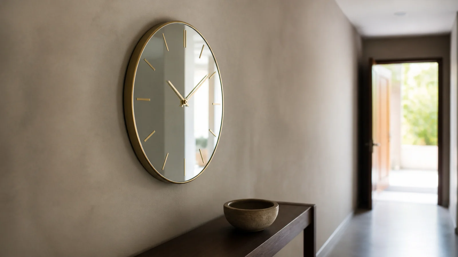 mirrored clock reflecting borrowed daylight down a dim hall