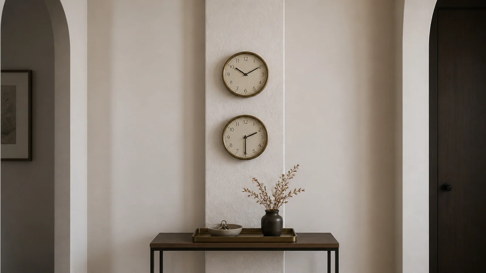 pair of small clocks stacked on a narrow strip of wall