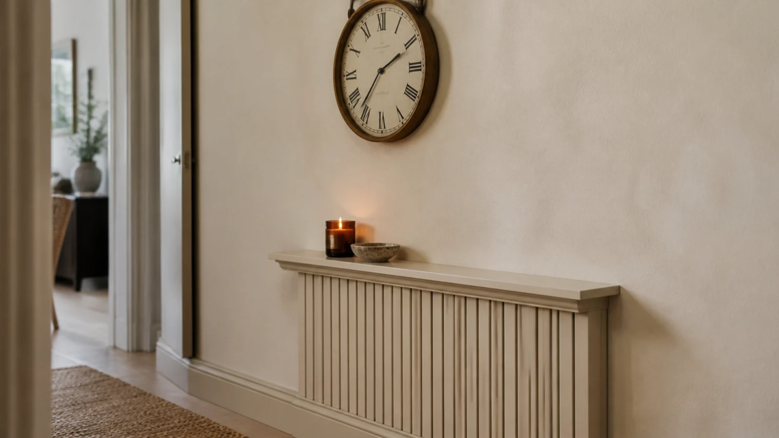 small clock hung above a slim radiator shelf in a hallway