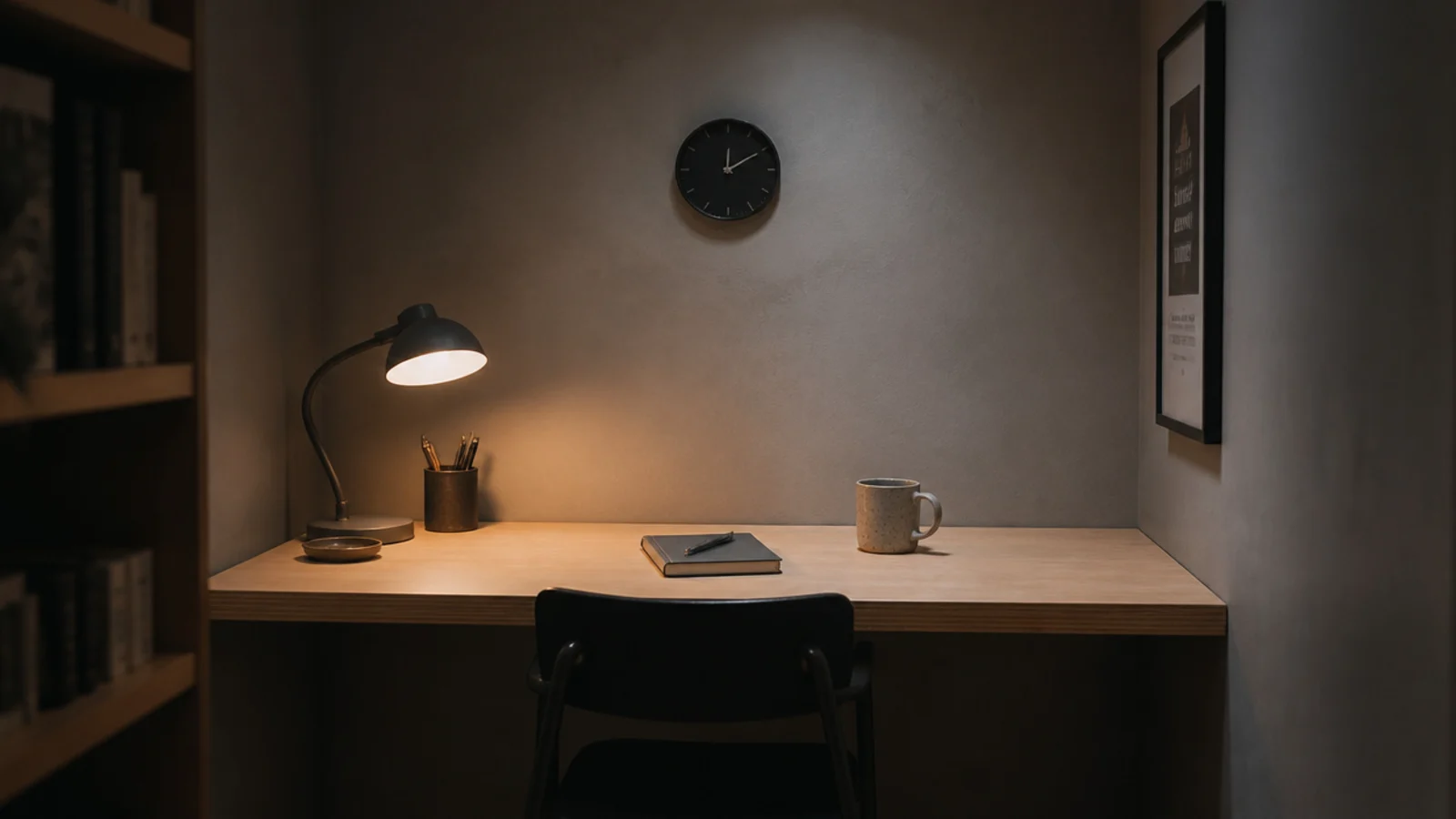 clock hung above a compact desk in a small home office