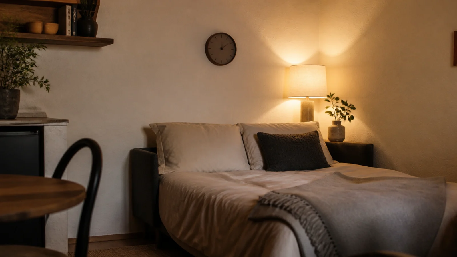 silent sweep clock above a sofa bed in a single room flat