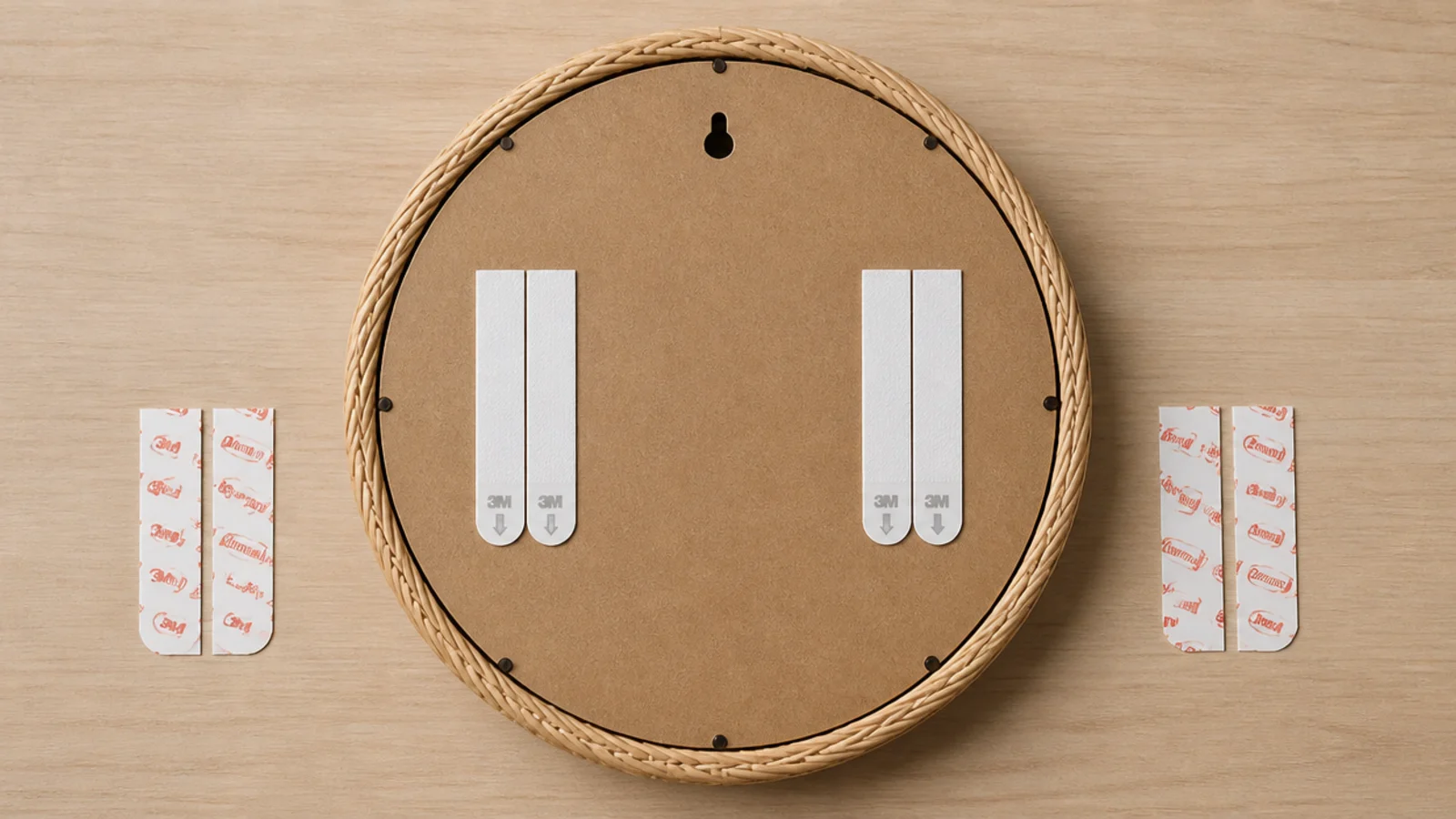 adhesive hanging strips pressed onto the back of a light clock