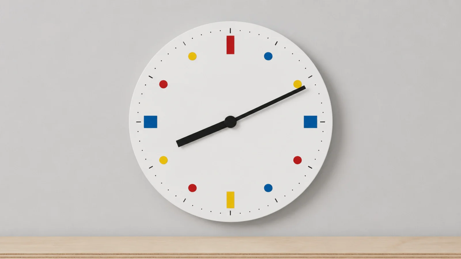 graphic clock face with red yellow and blue markers on white
