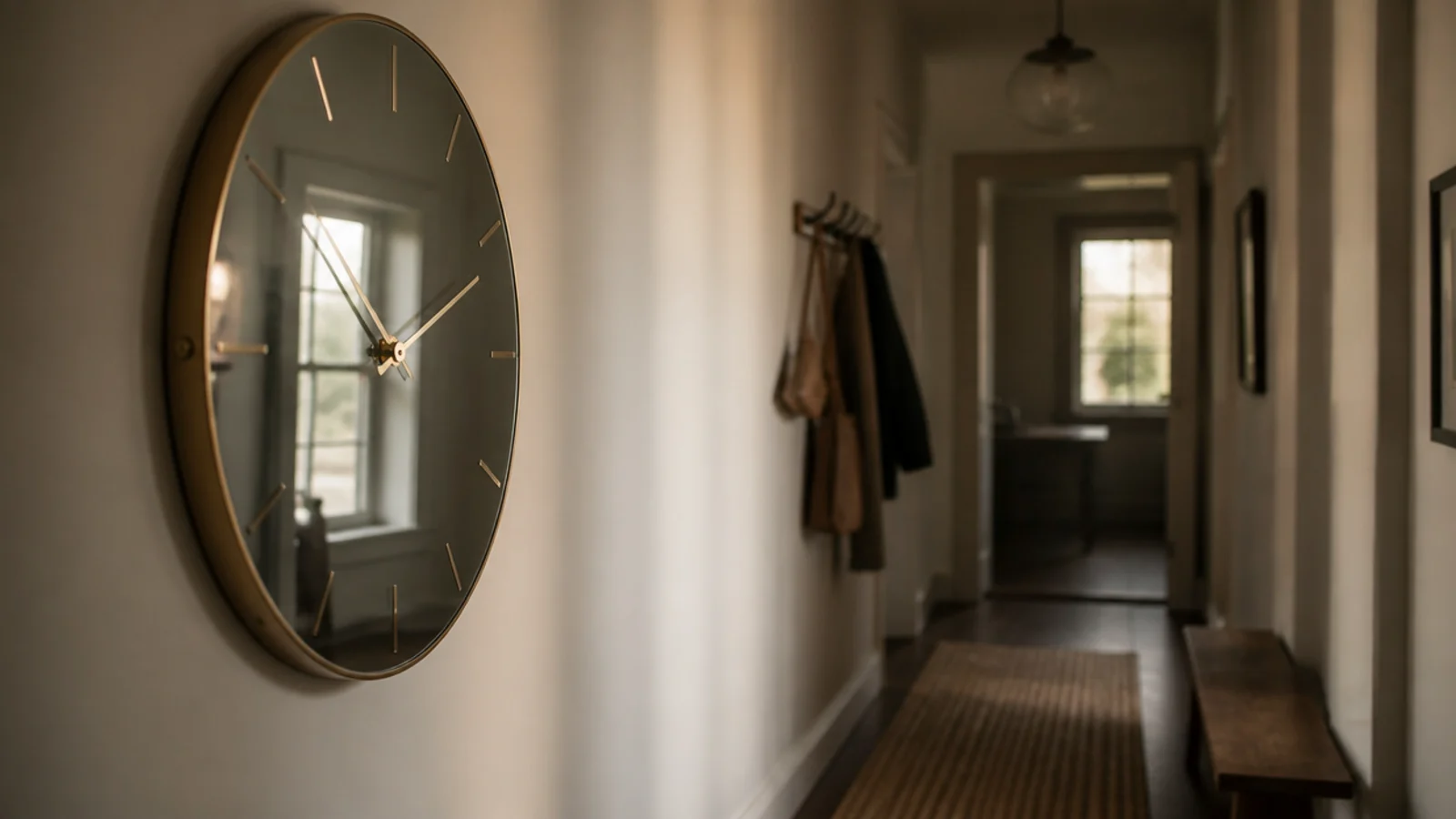 mirrored clock face ringed in thin brass in a narrow hall