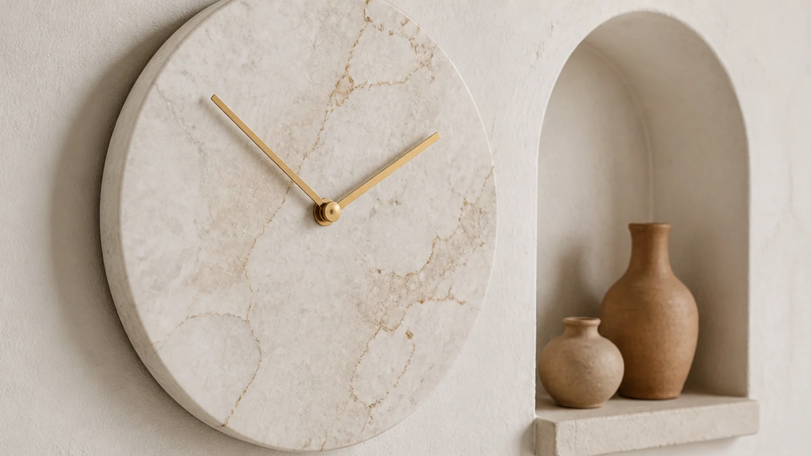 veined marble effect clock dial with slim gold hands