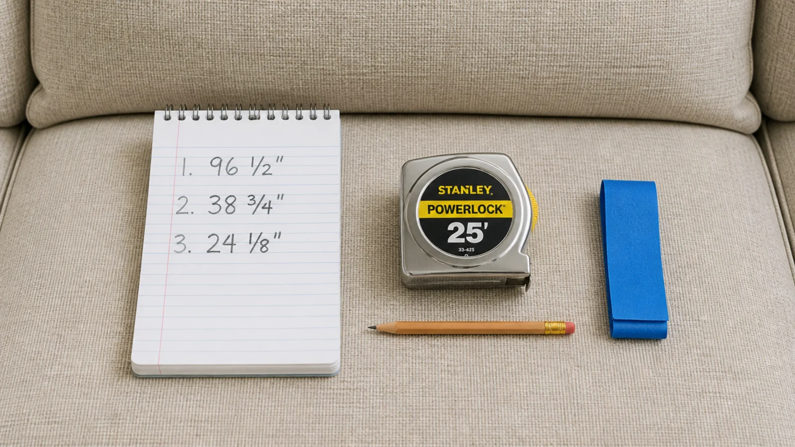 notepad of sofa measurements resting on a cushion beside a tape