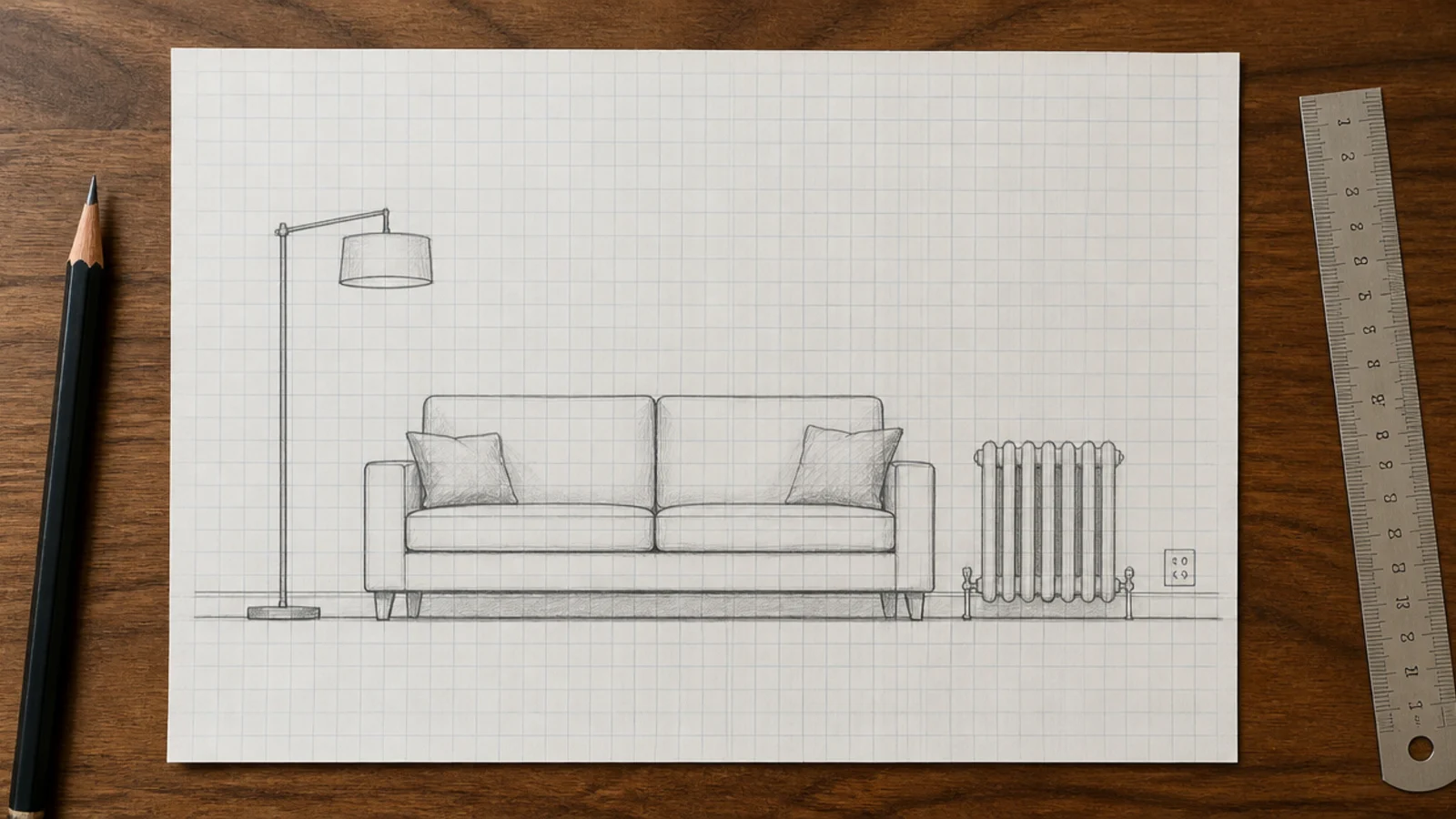 sketch of a sofa wall showing lamp radiator and socket positions