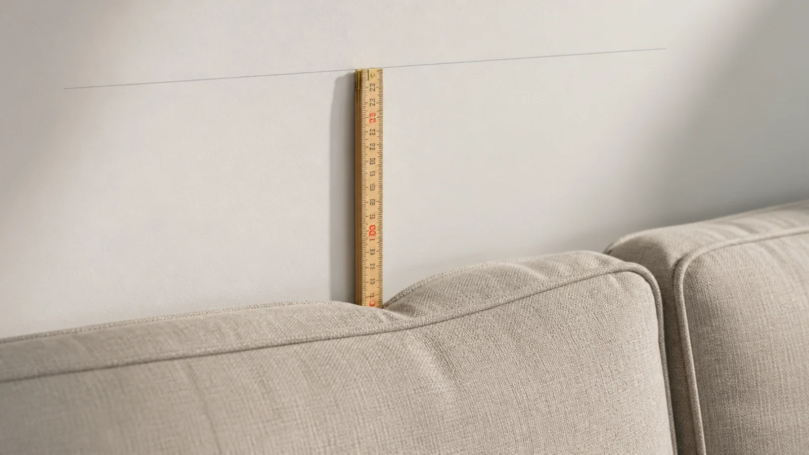 folding rule held vertically above compressed sofa back cushions