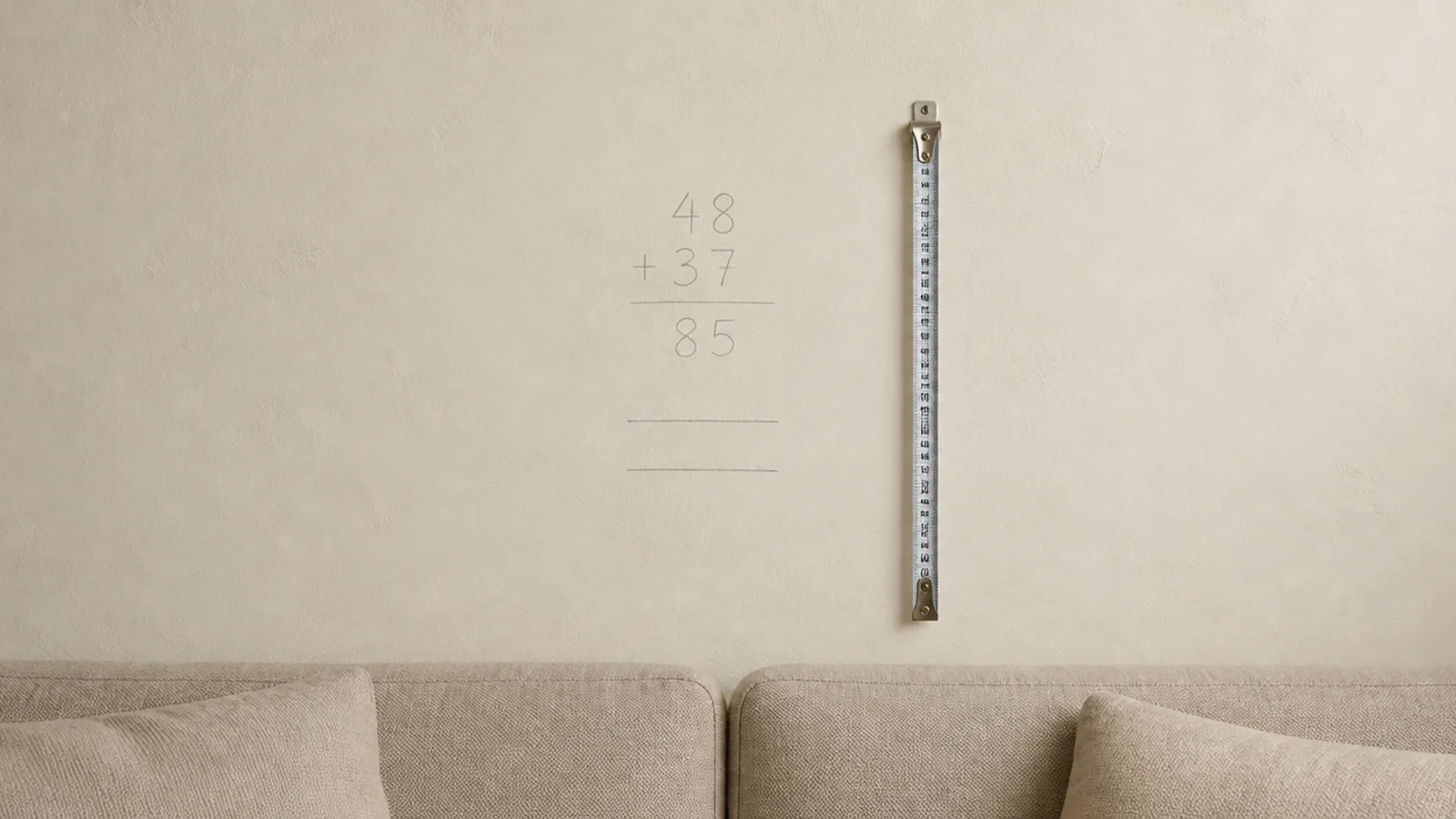 pencil arithmetic written lightly on bare plaster above a sofa